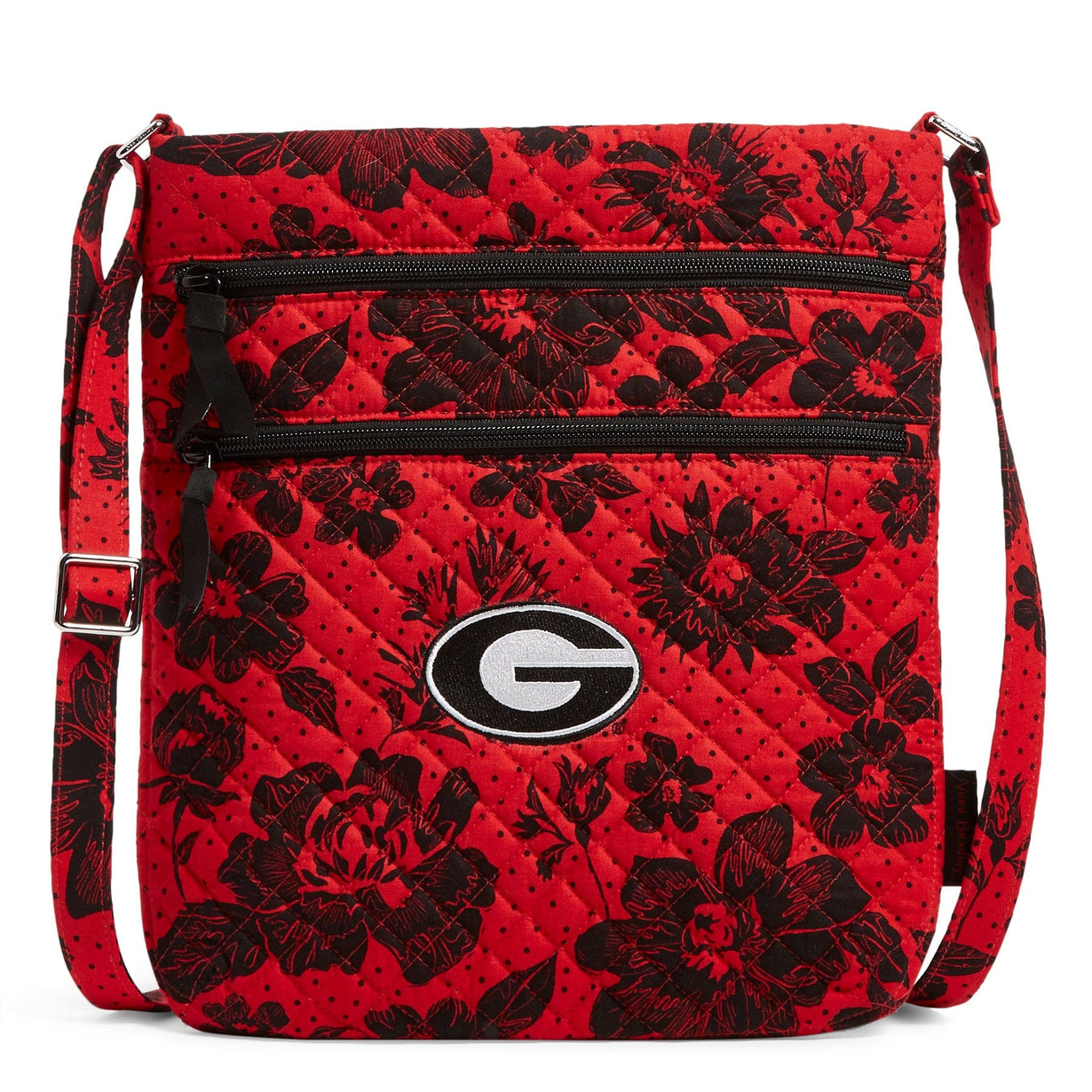 Red crossbody bag with black floral pattern two zippers and University of Georgia logo