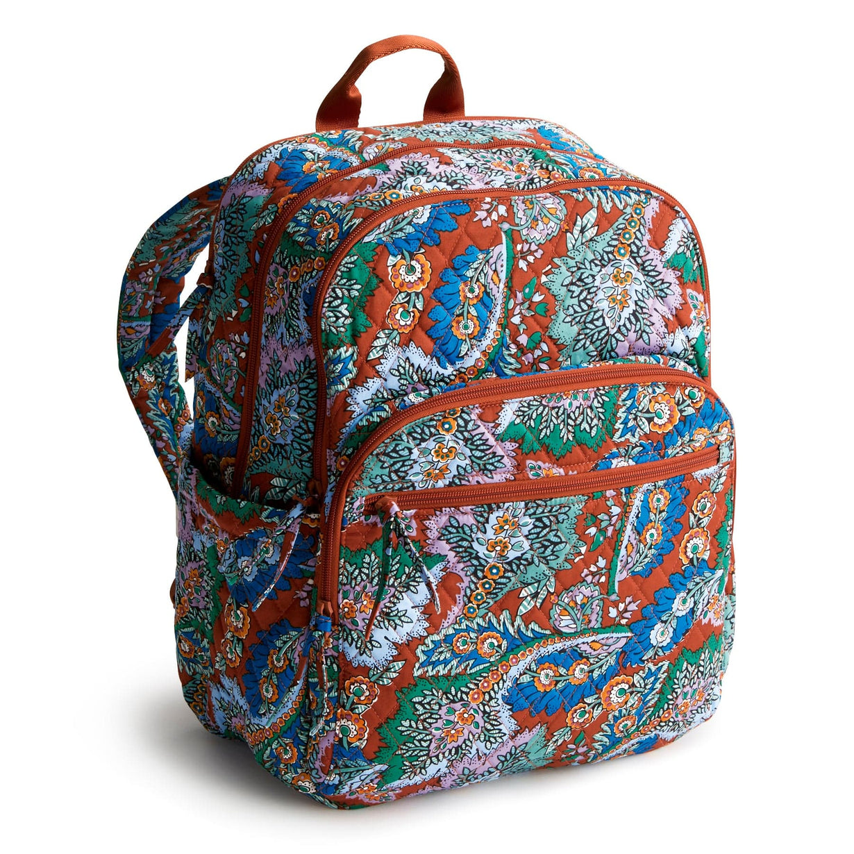 large quilted cotton backpack with brown green and blue flowers and feathers pattern