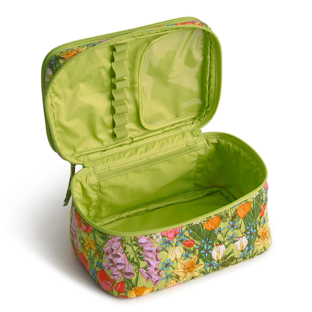 floral quilted cotton cosmetic case open to show green interior with slots for brushes