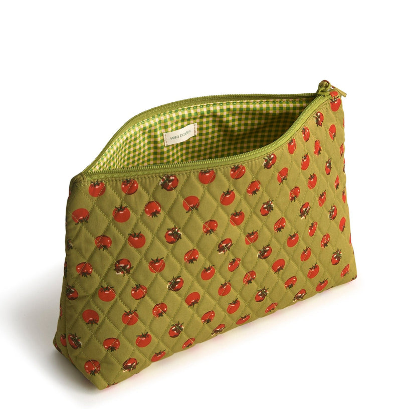 dark green 26 inch spinner suitcase with small white and red flower pattern