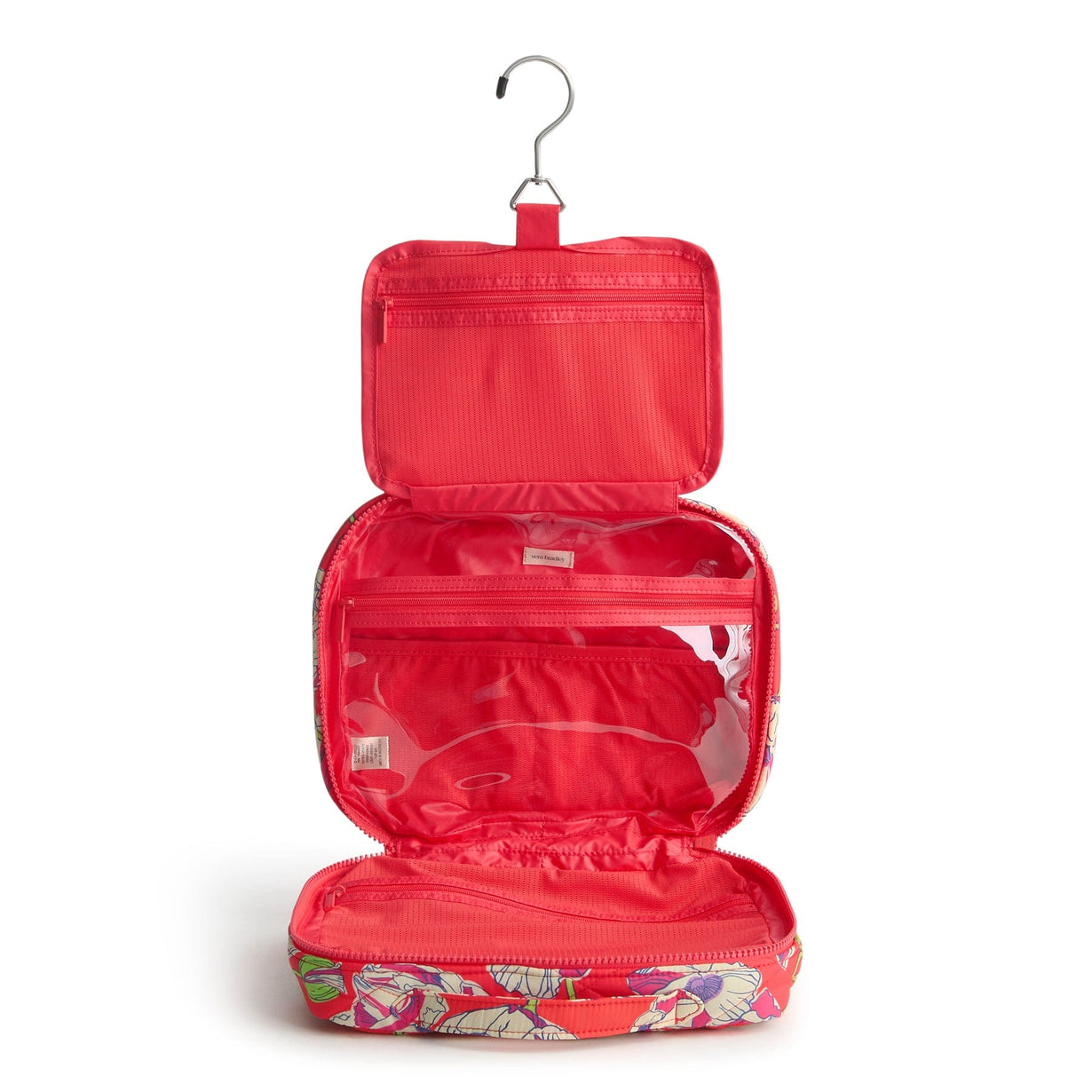hanging travel organizer open to show three sections with storage pockets and hanger on top