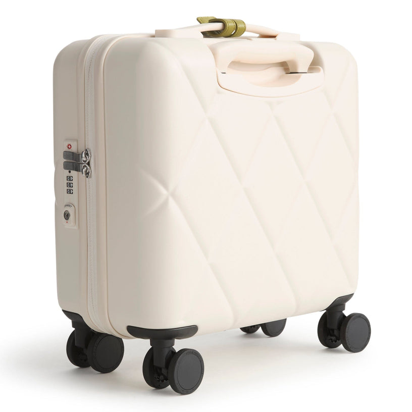mini hardside spinner carry on suitcase with cream colored quilted pattern