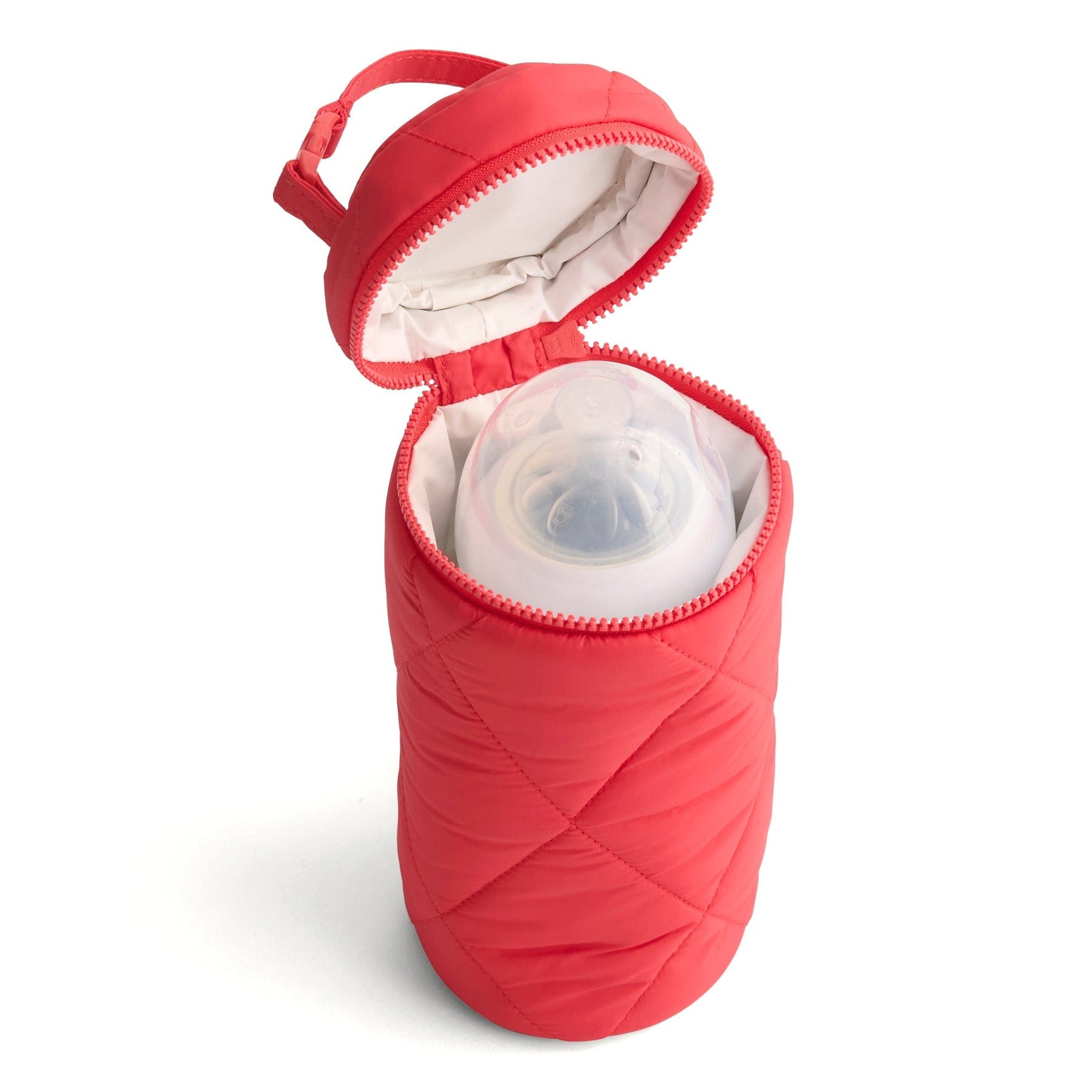 red insulated baby bottle bag with zippered compartment opened to show bottle