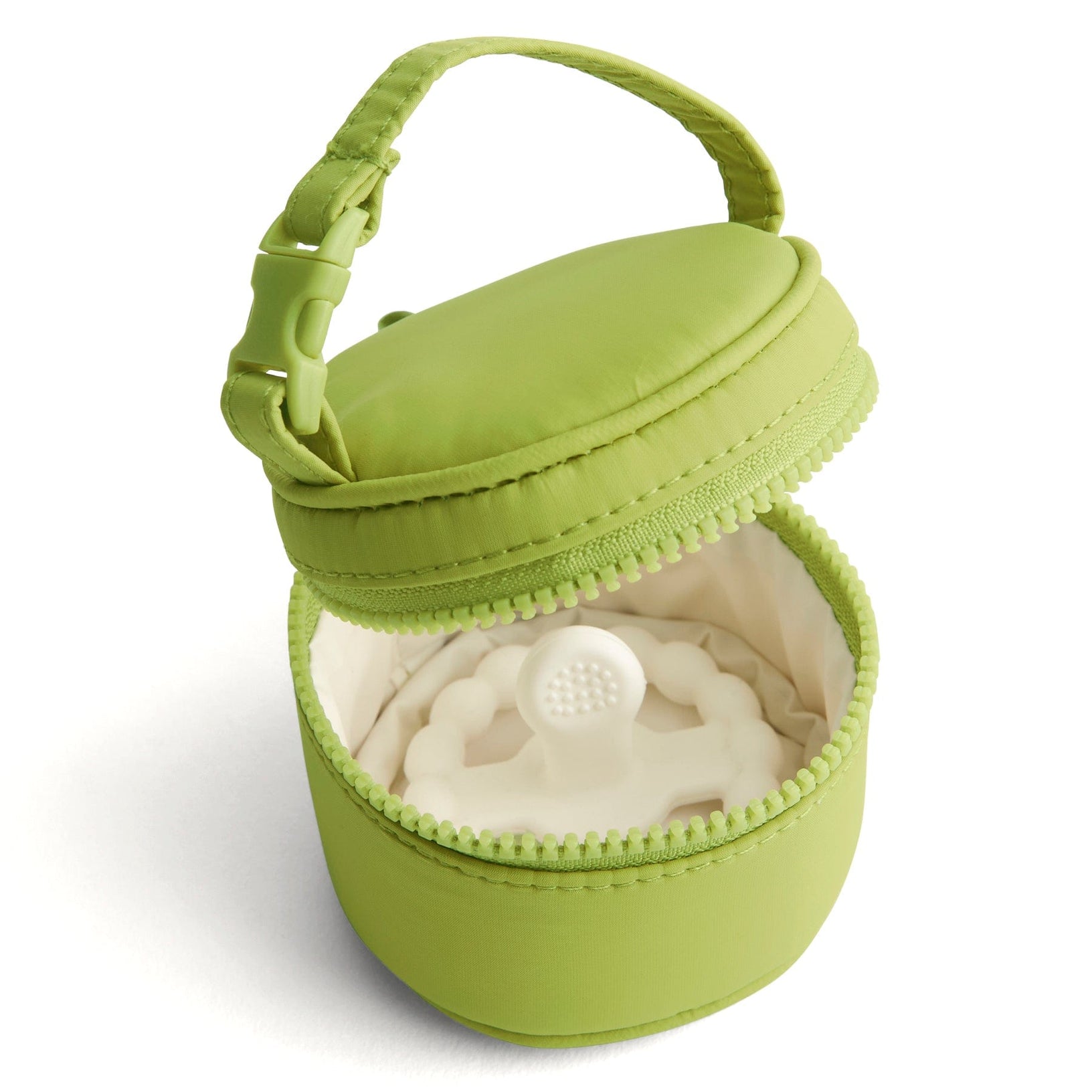 lime green pacifier case shown unzipped with pacifier inside