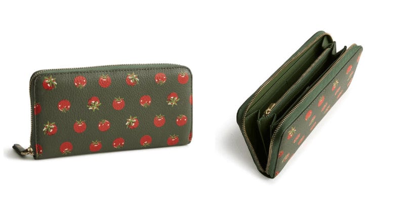 Large green leather zip around wallet with tomato pattern shown both outside and zipped open to show compartments